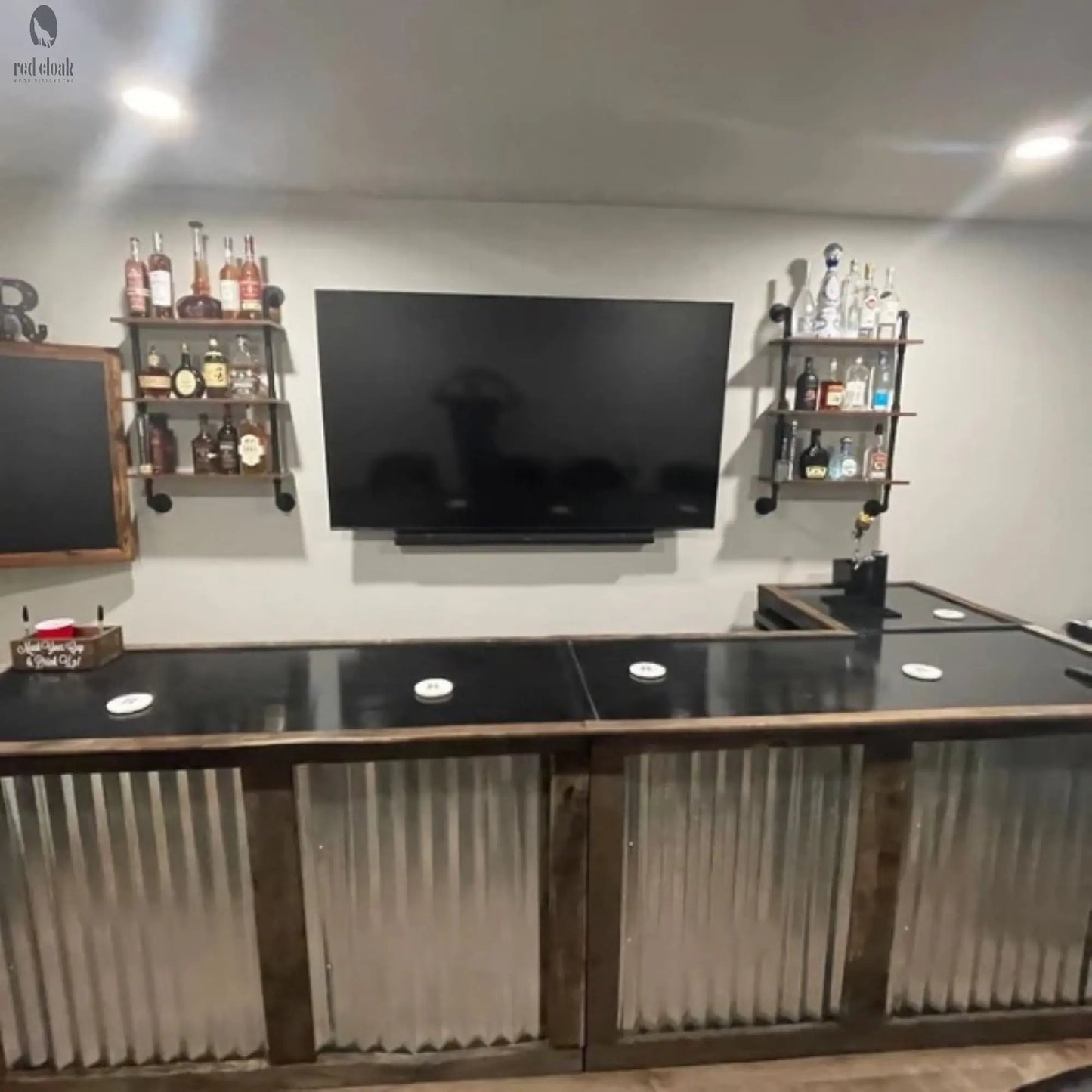 L Shaped Bar with Galvanized Metal-Indoor Bar-Outdoor Bar-Man Cave Bar Red Cloak Wood Designs Inc