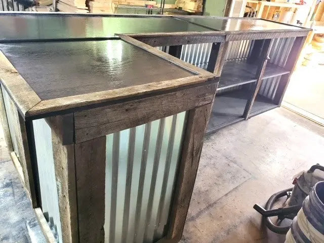L Shaped Bar with Galvanized Metal-Indoor Bar-Outdoor Bar-Man Cave Bar Red Cloak Wood Designs Inc
