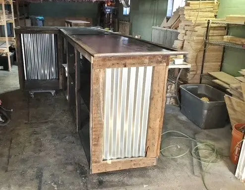 L Shaped Bar with Galvanized Metal-Indoor Bar-Outdoor Bar-Man Cave Bar Red Cloak Wood Designs Inc
