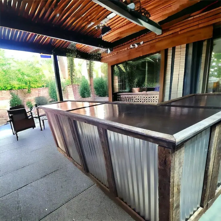 L Shaped Bar with Galvanized Metal-Indoor Bar-Outdoor Bar-Man Cave Bar Red Cloak Wood Designs Inc
