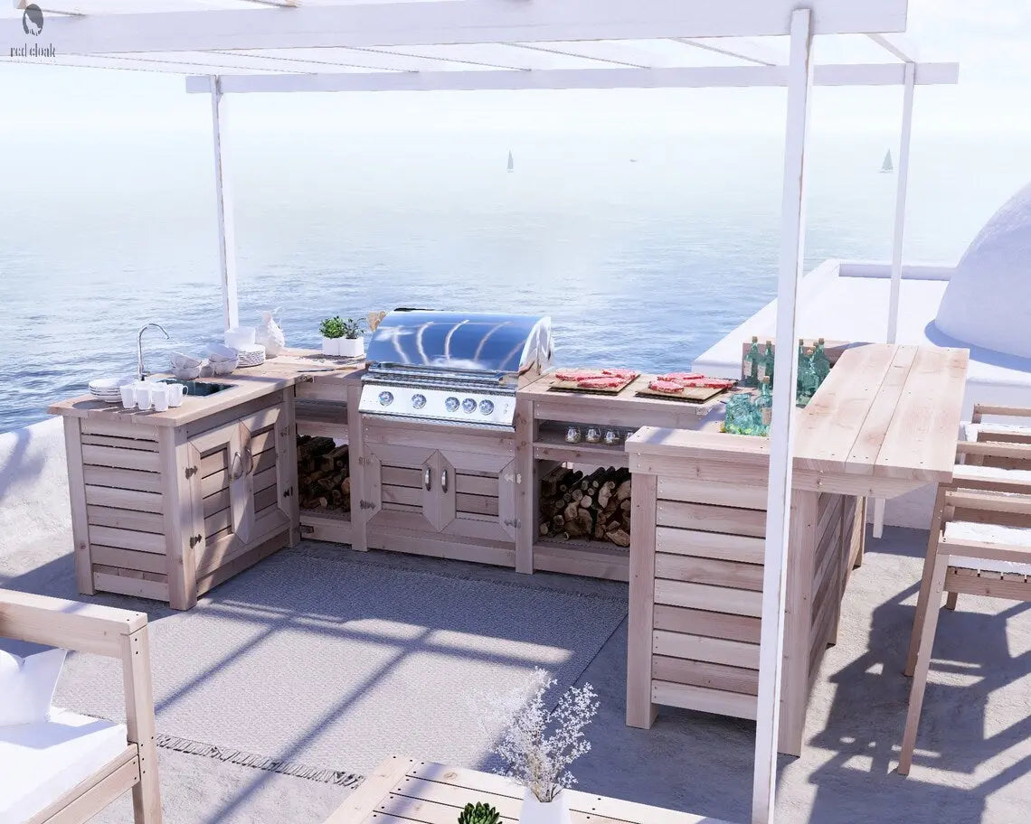 Angled top view of full outdoor kitchen layout featuring built-in grill, sink, and bar counter by Red Cloak
