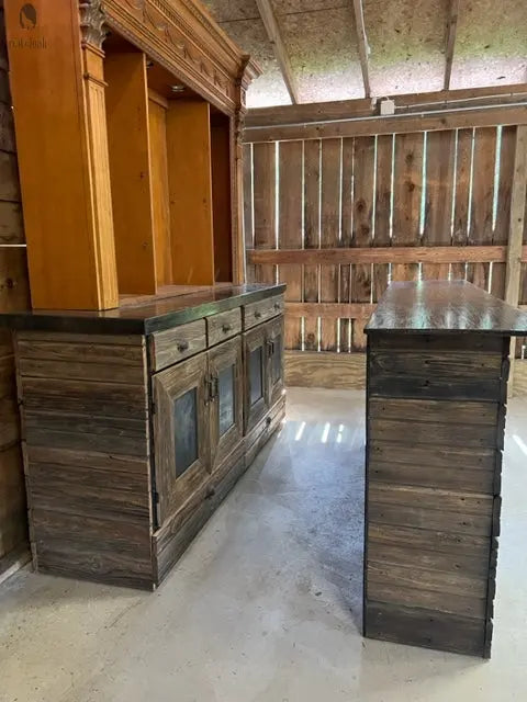 Full setup featuring barnwood back bar cabinet and matching front bar, paired with a vintage hutch for indoor or outdoor entertaining.