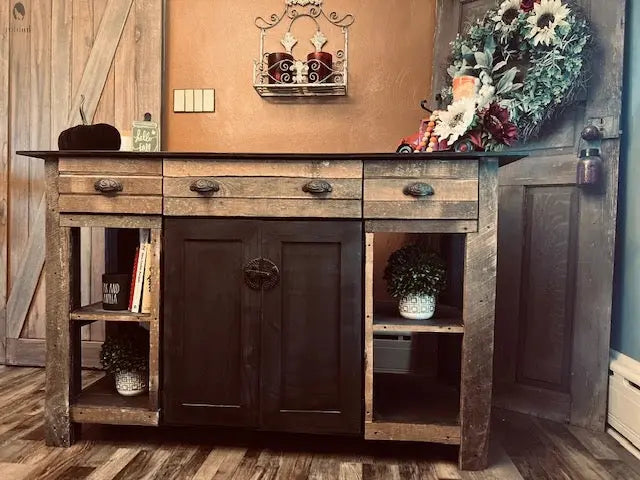 Handmade barnwood kitchen island featuring three drawers, black cabinet doors, and farmhouse-style shelving – Red Cloak Wood Designs