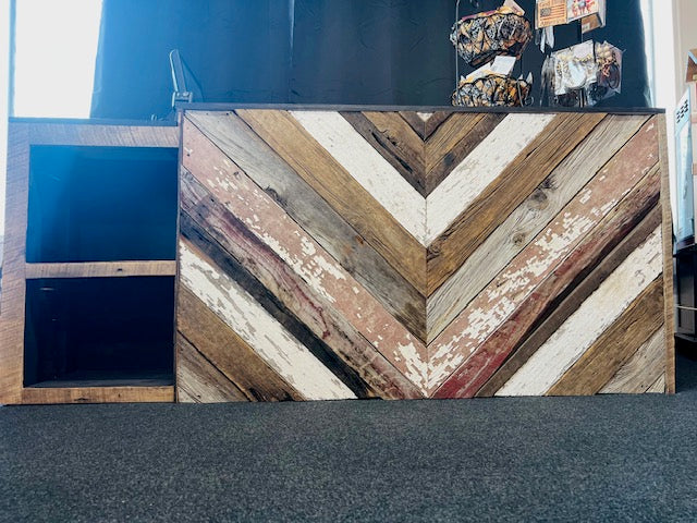 Chevron barnwood register counter with reclaimed wood and black top – Red Cloak Wood Designs