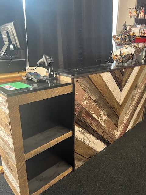 Chevron barnwood retail checkout counter with black top and POS system – Red Cloak Wood Designs