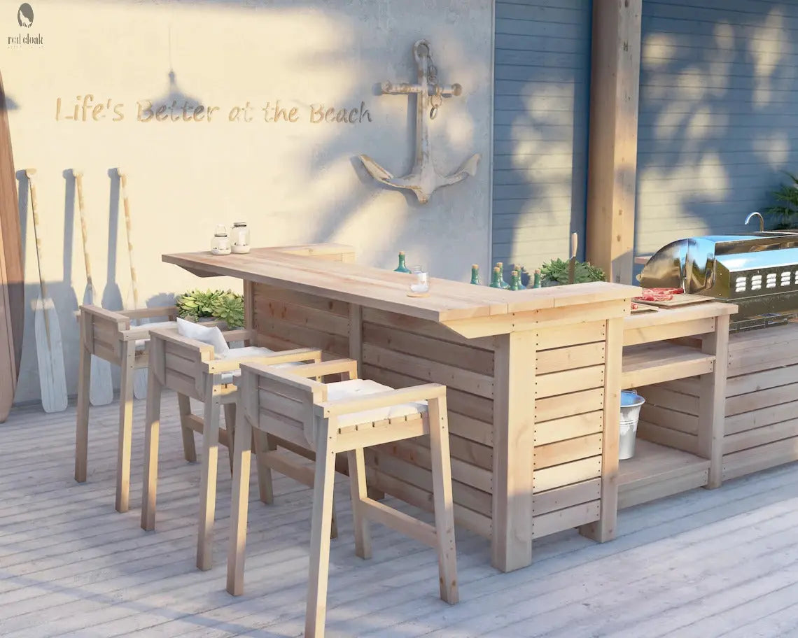 Fully customized outdoor kitchen setup with grill and sink station, designed with Red Cloak’s signature reclaimed wood