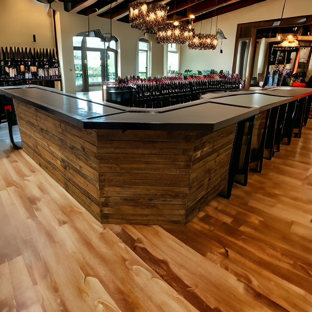 Custom Rustic Diagonal Corner Bar – L-Shaped Indoor/Outdoor Design