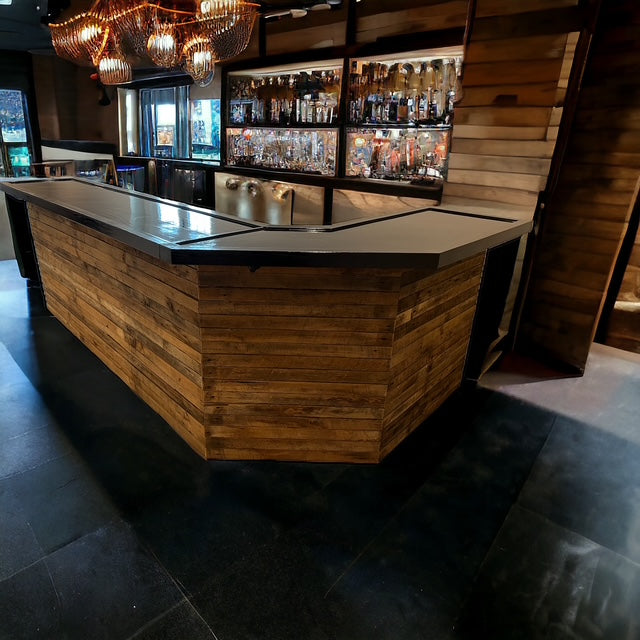 Custom Rustic Diagonal Corner Bar – L-Shaped Indoor/Outdoor Design