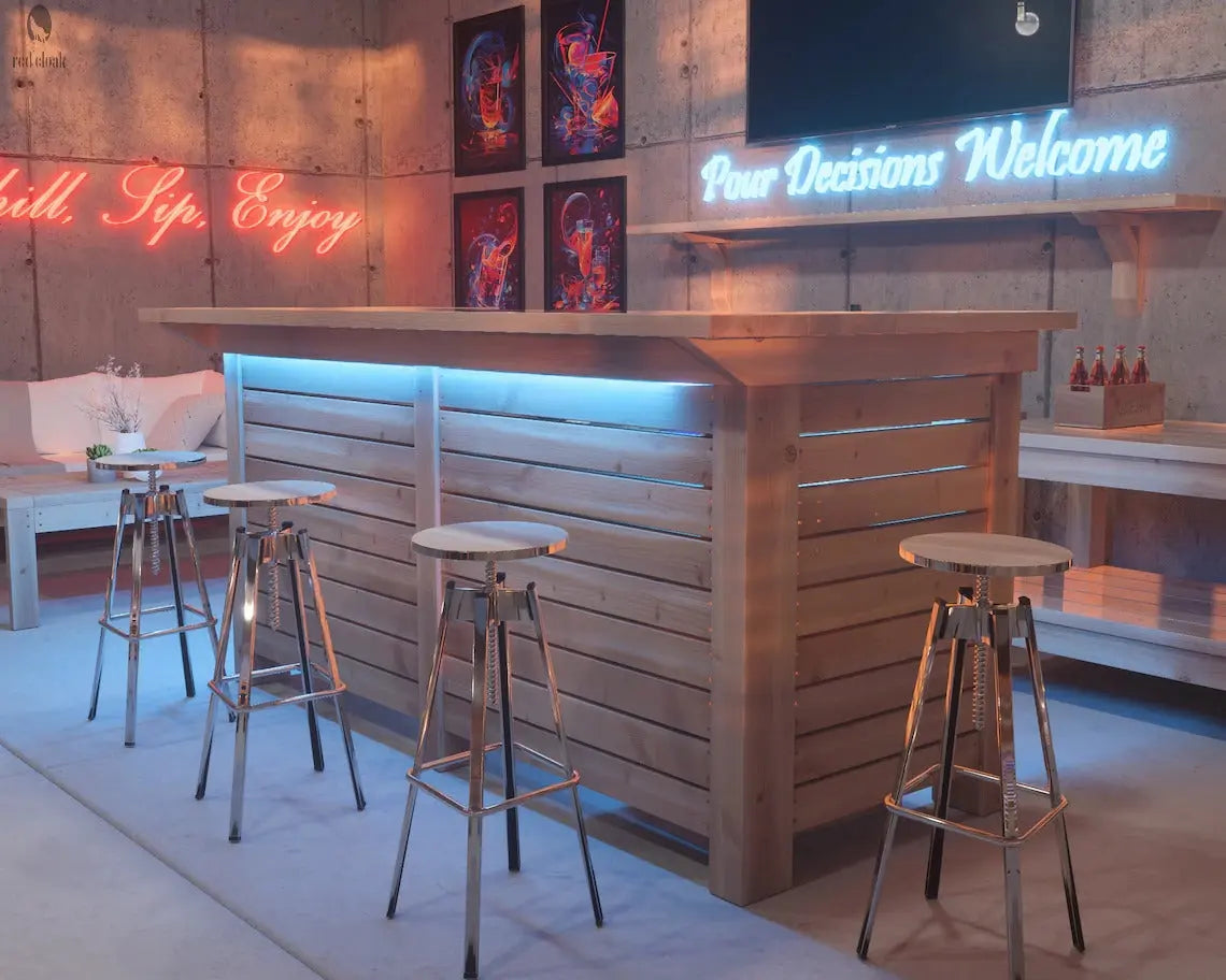 Baby Squatch custom indoor bar with smooth wood finish and LED lighting, handmade by Red Cloak Wood Designs