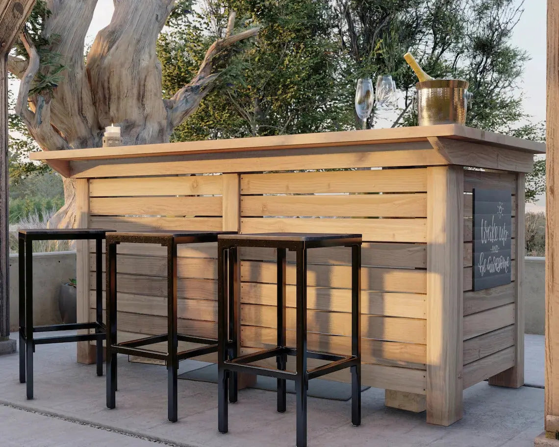Red Cloak Baby Squatch outdoor bar with natural wood slats and modern barstools, built for patio setups