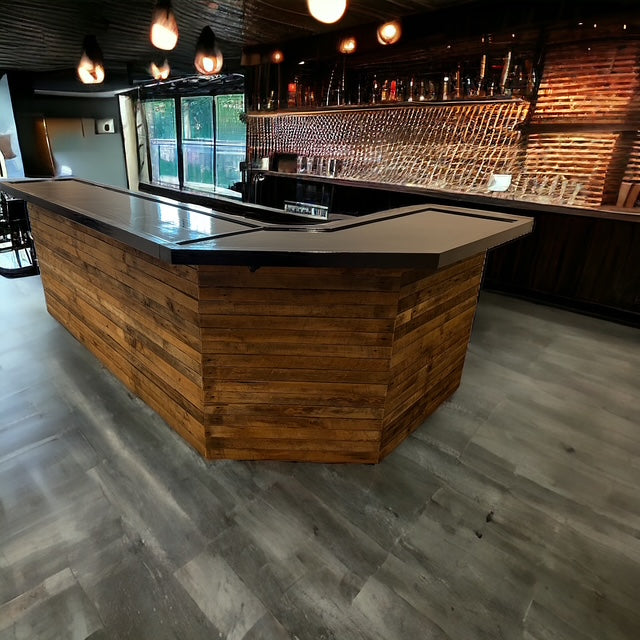 Custom Rustic Diagonal Corner Bar – L-Shaped Indoor/Outdoor Design