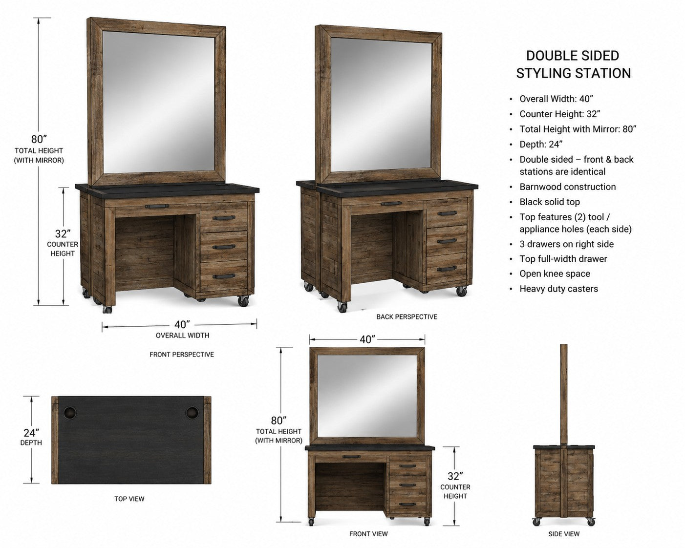 Double Sided Salon Styling Station with Mirror | Custom Wood Hair & Barber Station