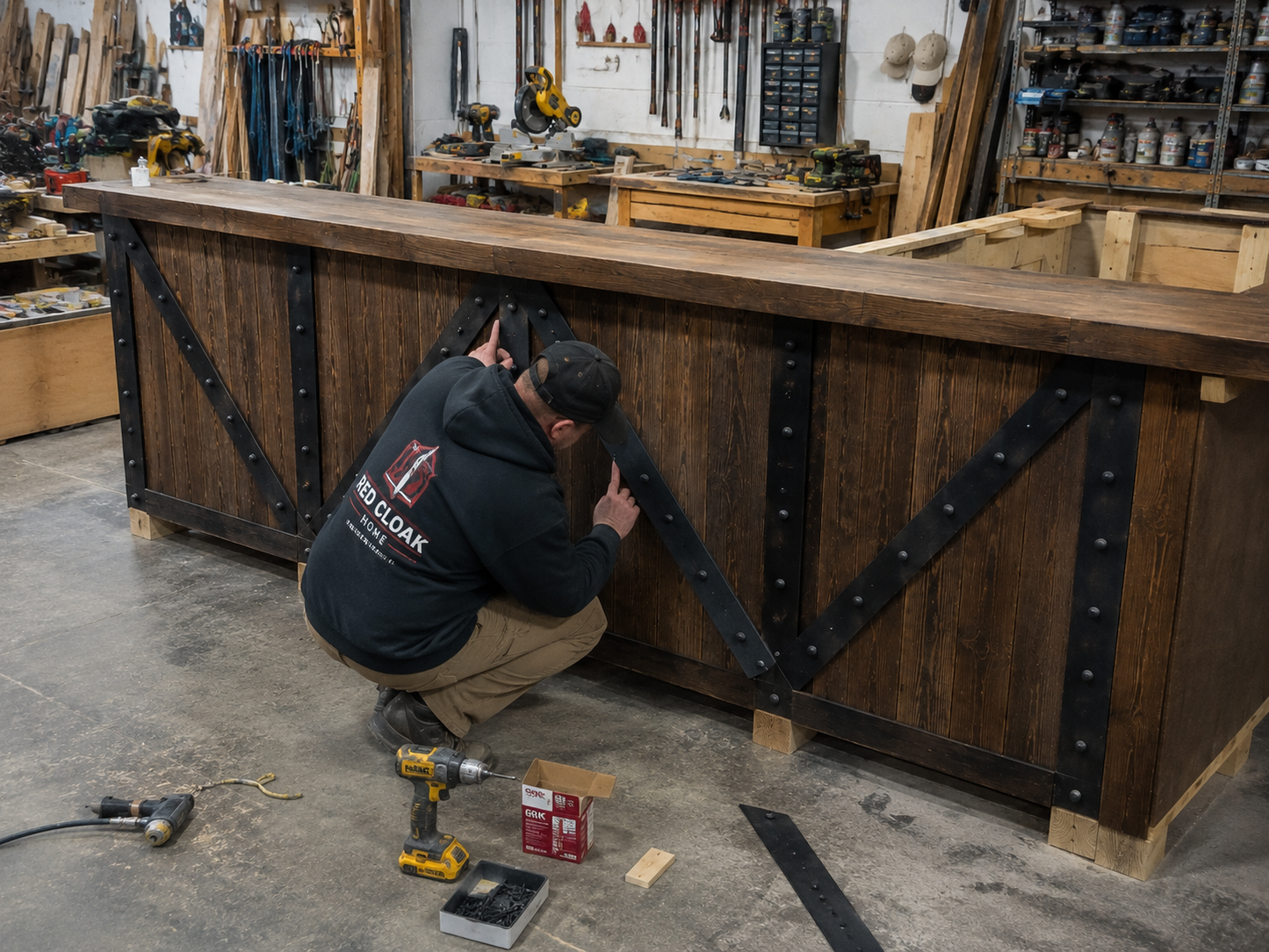 The Frontier 9 Ft Rustic Industrial L-Shaped Home Bar | Reclaimed Barnwood Bar with Black Metal Accents