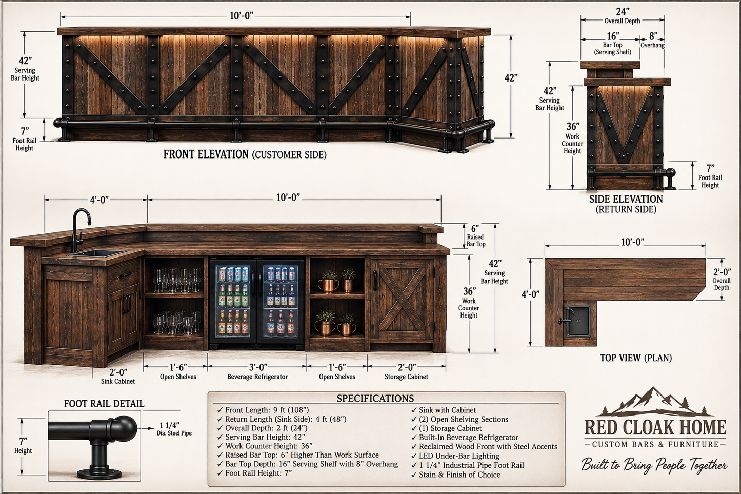 The Frontier 9 ft custom L-shaped home bar dimensions and layout with 4 ft return, bartender workspace, storage and refrigerator