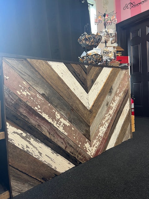 Handmade check out counter with rustic finish in boutique setting – Red Cloak Wood Designs