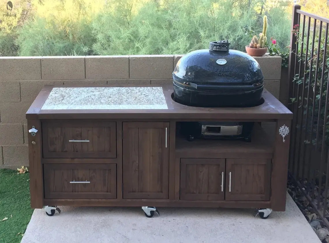 Custom Kamado Joe rolling smoker cart made from Western Red Cedar with granite counter and side shelf, outdoor grilling setup by Red Cloak Wood Designs