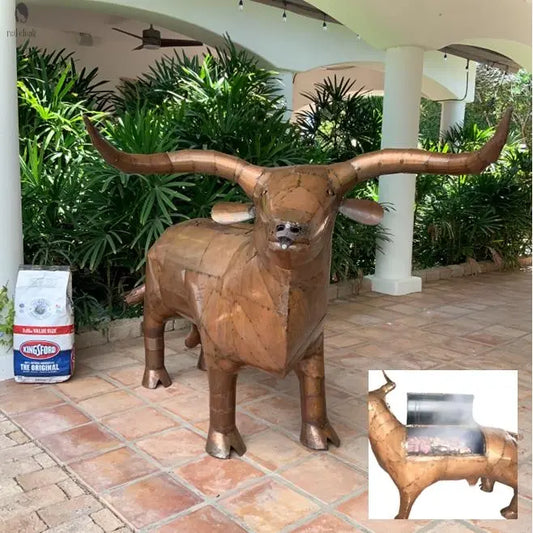 Front view of Long Horn Steer BBQ Grill with inset image of grilling meat inside. Handmade by Red Cloak Wood Designs