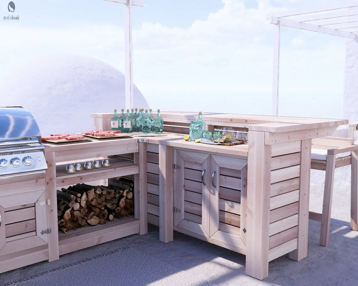 Close-up of built-in sink and underbar storage shelves on a custom outdoor kitchen island by Red Cloak