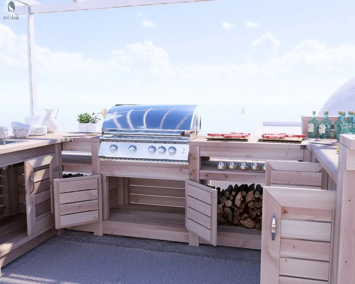 Front view of outdoor kitchen with open wood cabinet doors and exposed firewood storage by Red Cloak