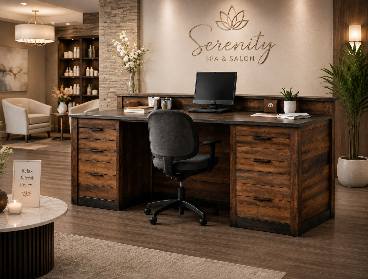 6 Ft Custom Rustic Wood Reception Desk with Drawers | Office Front Desk, Reception Counter & Cash Wrap