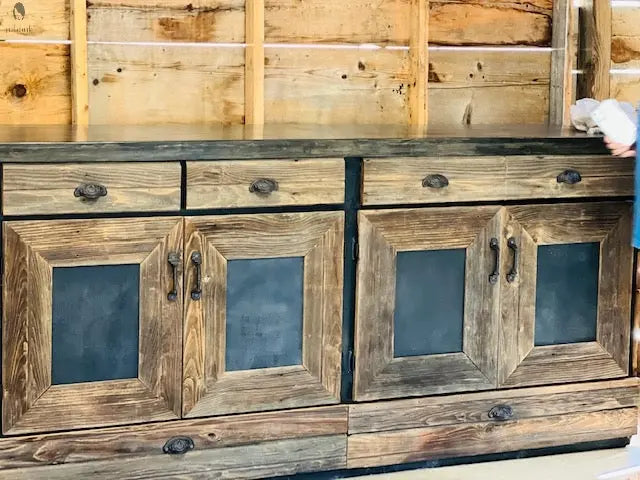 Rustic reclaimed wood bar back cabinet with four drawers and sliding lower storage, handcrafted in the USA.