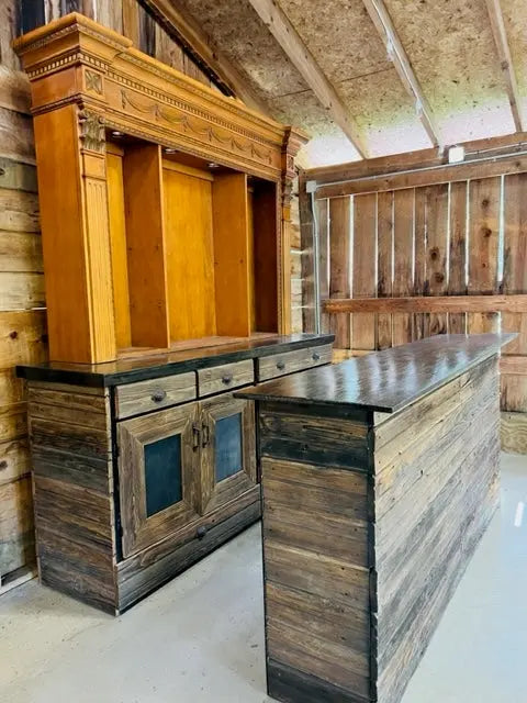 Reclaimed wood bar back cabinet shown with antique hutch and matching barnwood bar, hand built in Pennsylvania.