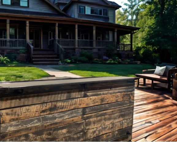 Custom reclaimed barnwood bar on a polished backyard deck, styled in front of a farmhouse porch by Red Cloak Wood Designs