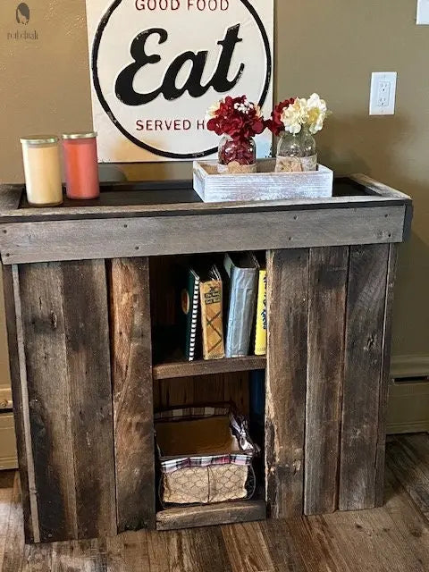 Full front view of Red Cloak’s reclaimed wood buffet table with open shelving – handcrafted from antique barnwood for a timeless farmhouse look.
