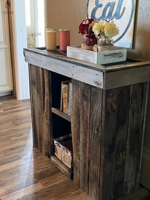 Side view of Red Cloak's rustic barnwood kitchen buffet with dual-shelf storage and character-rich patina, perfect for farmhouse decor.
