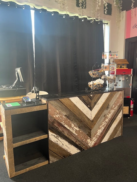 Reclaimed wood retail cash wrap station with shelving and point of sale display – Red Cloak Wood Designs