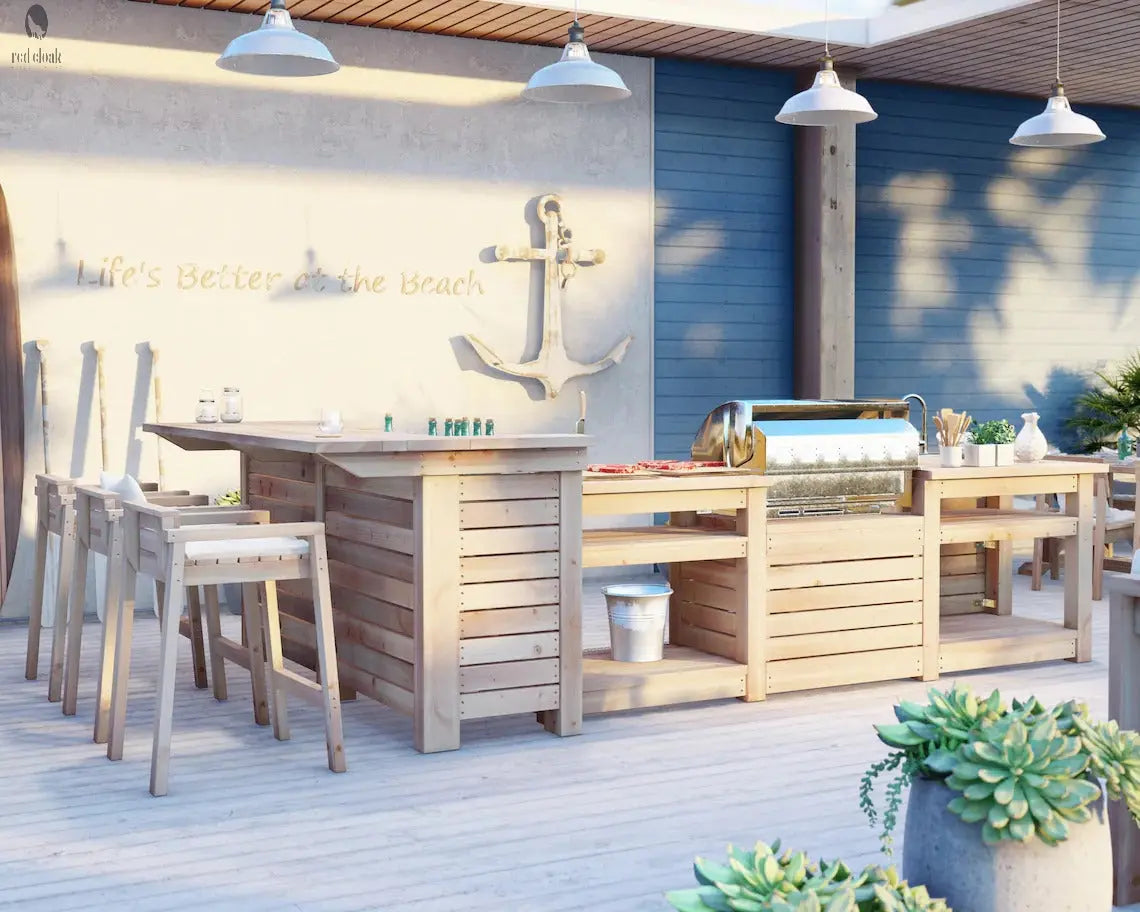 Red Cloak wooden beach bar with stools, built-in outdoor kitchen setup with grill and prep space for backyard entertaining