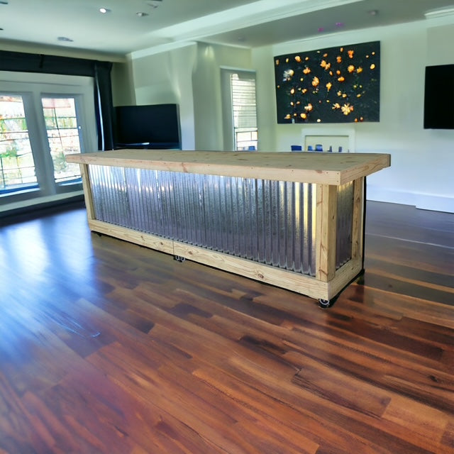 Reclaimed wood and galvanized metal bar by Red Cloak Home, featuring natural wood frame and sleek modern flooring