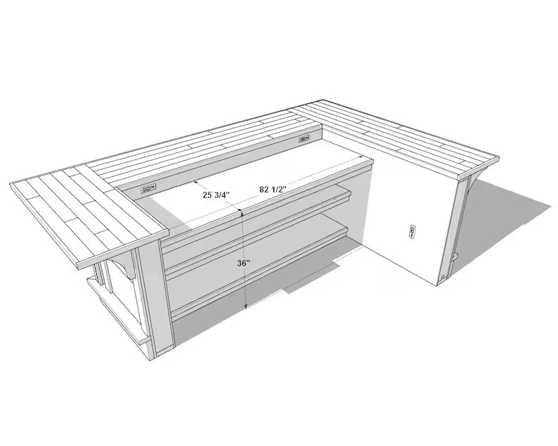 Backside bartender prep view of U-shaped bar from Red Cloak Home with shelving and electric outlet dimensions: 82.5 inches wide, 36 inches tall, and 25.75 inches deep