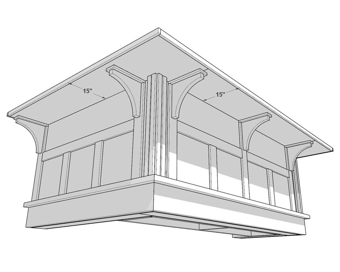Underside angle of Red Cloak Home U-shaped bar showing 15-inch overhang supported by decorative wood corbels
