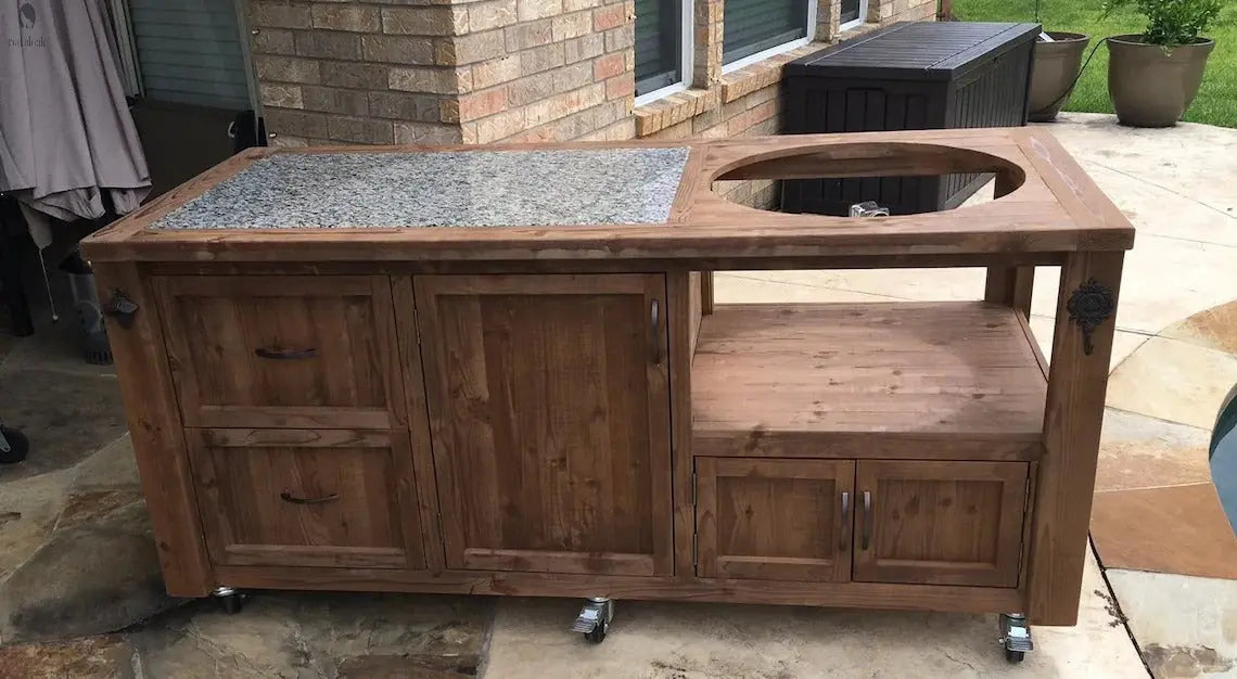 Kamado Joe smoker cart with brown cedar finish, granite counter, and circular cutout for grill, built by Red Cloak Wood Designs.