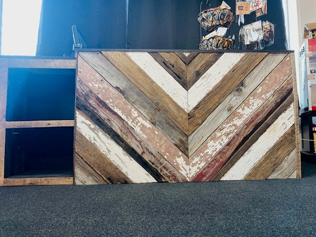 Close-up of rustic chevron wood counter front for retail checkout – Red Cloak Wood Designs