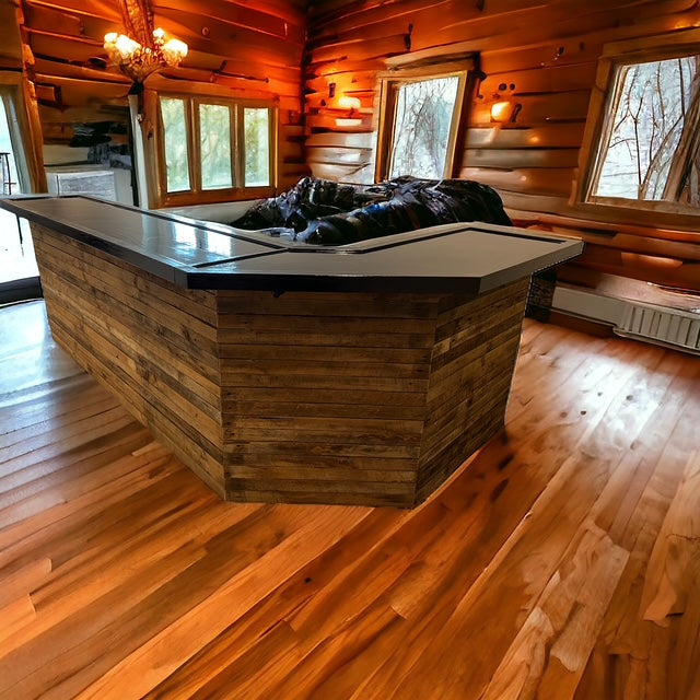 Custom Rustic Diagonal Corner Bar – L-Shaped Indoor/Outdoor Design