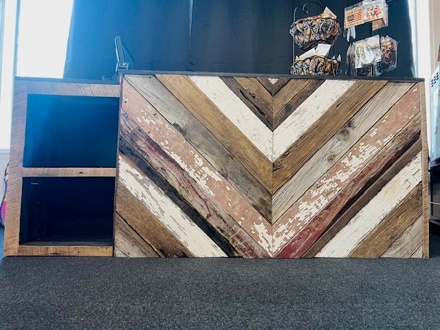 Rustic retail checkout counter with soft-close drawers and cord cutout option – Red Cloak Wood Designs