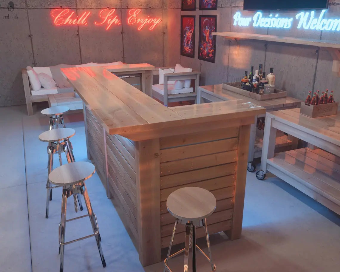 Full Baby Squatch bar setup with smooth wood grain finish, indoor lighting, and Red Cloak’s signature design