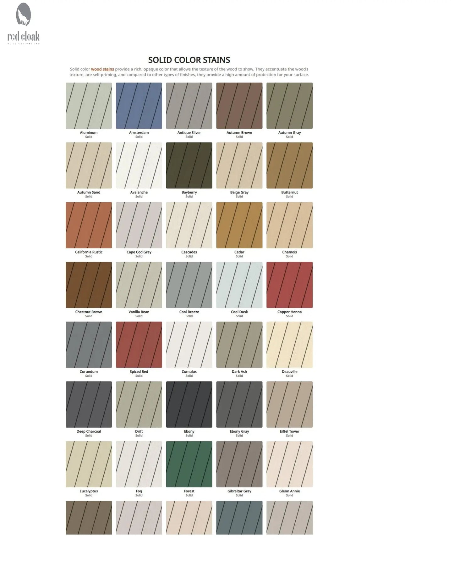Solid stain color chart for Red Cloak Home furniture and outdoor smoker carts