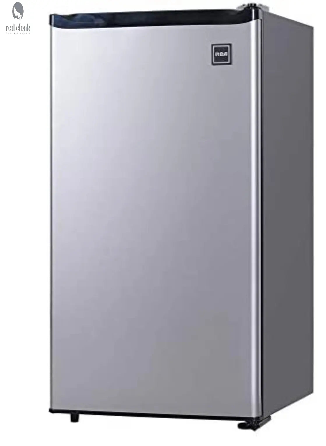 Stainless steel compact fridge shown for custom wood bar installation