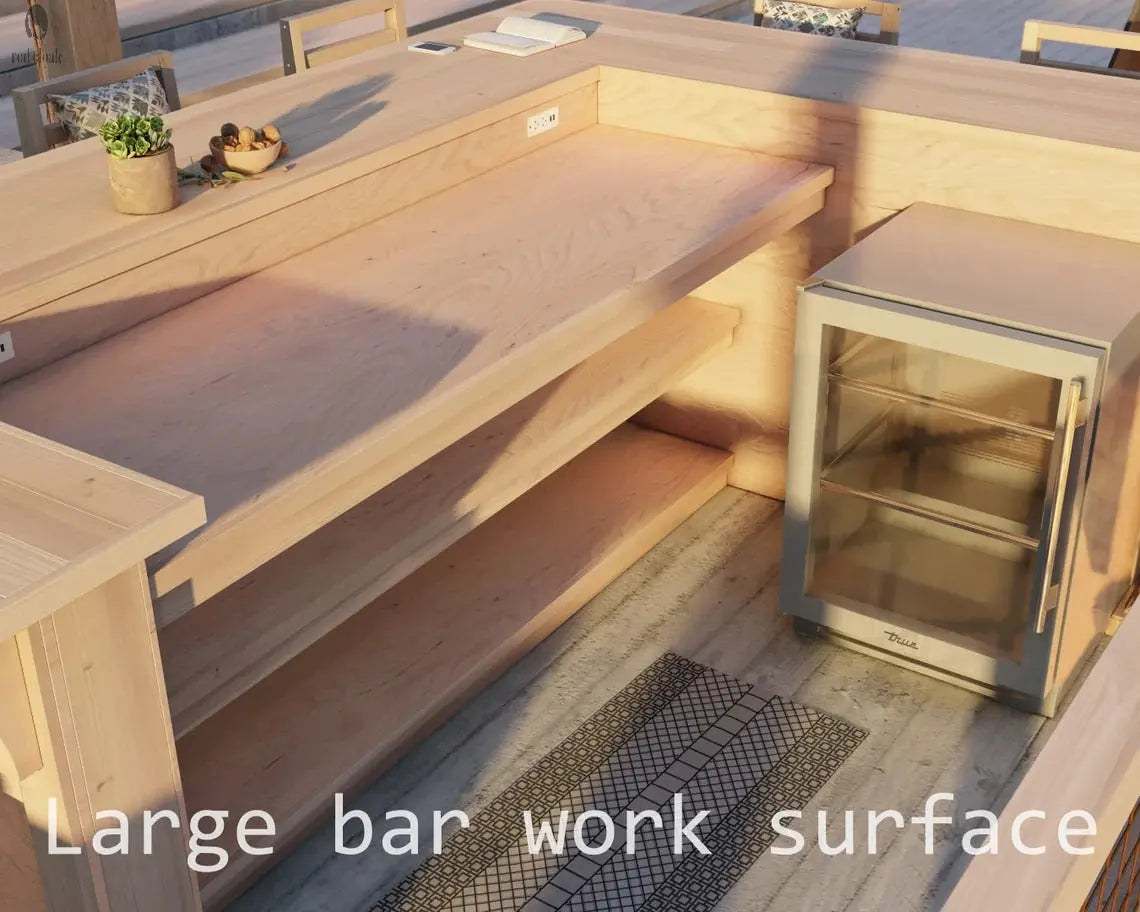Interior of custom Red Cloak U shaped bar showing large work surface, power outlet, and shelf space