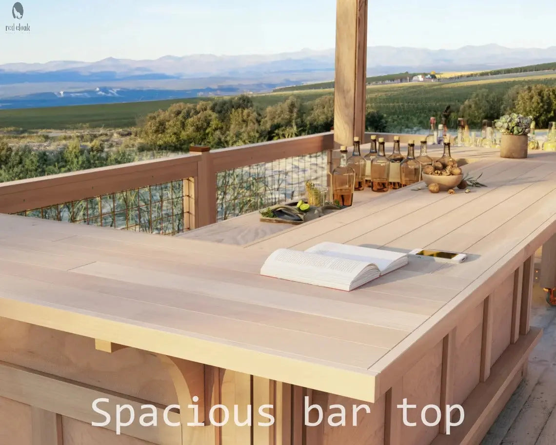 Front view of natural U shaped wood bar on deck with vineyard view, handcrafted by Red Cloak