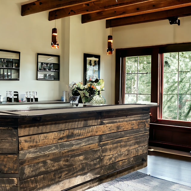 Handmade reclaimed wood bar with a dark-stained barnwood front, built for indoor use by Red Cloak Home