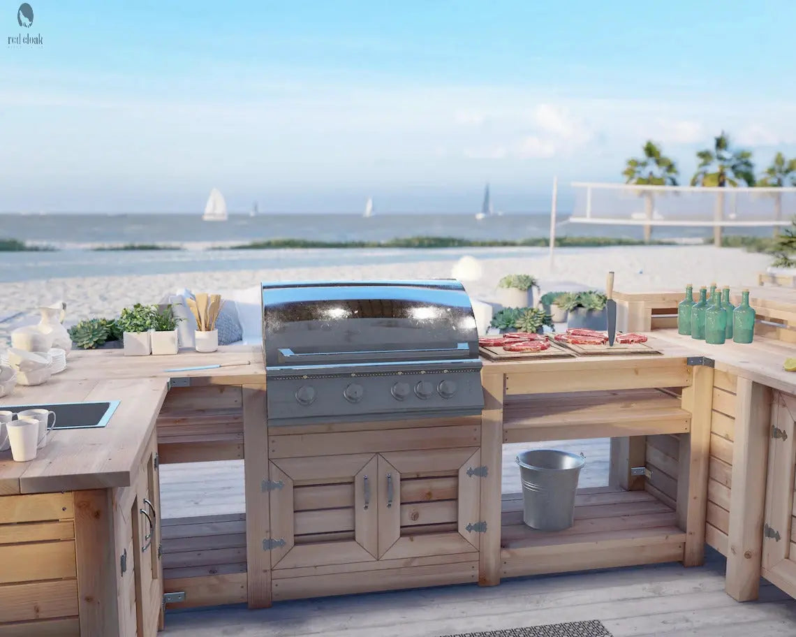 Custom outdoor kitchen bar with built-in grill by Red Cloak, handcrafted from reclaimed wood, set on a beachfront patio – American-made weatherproof design