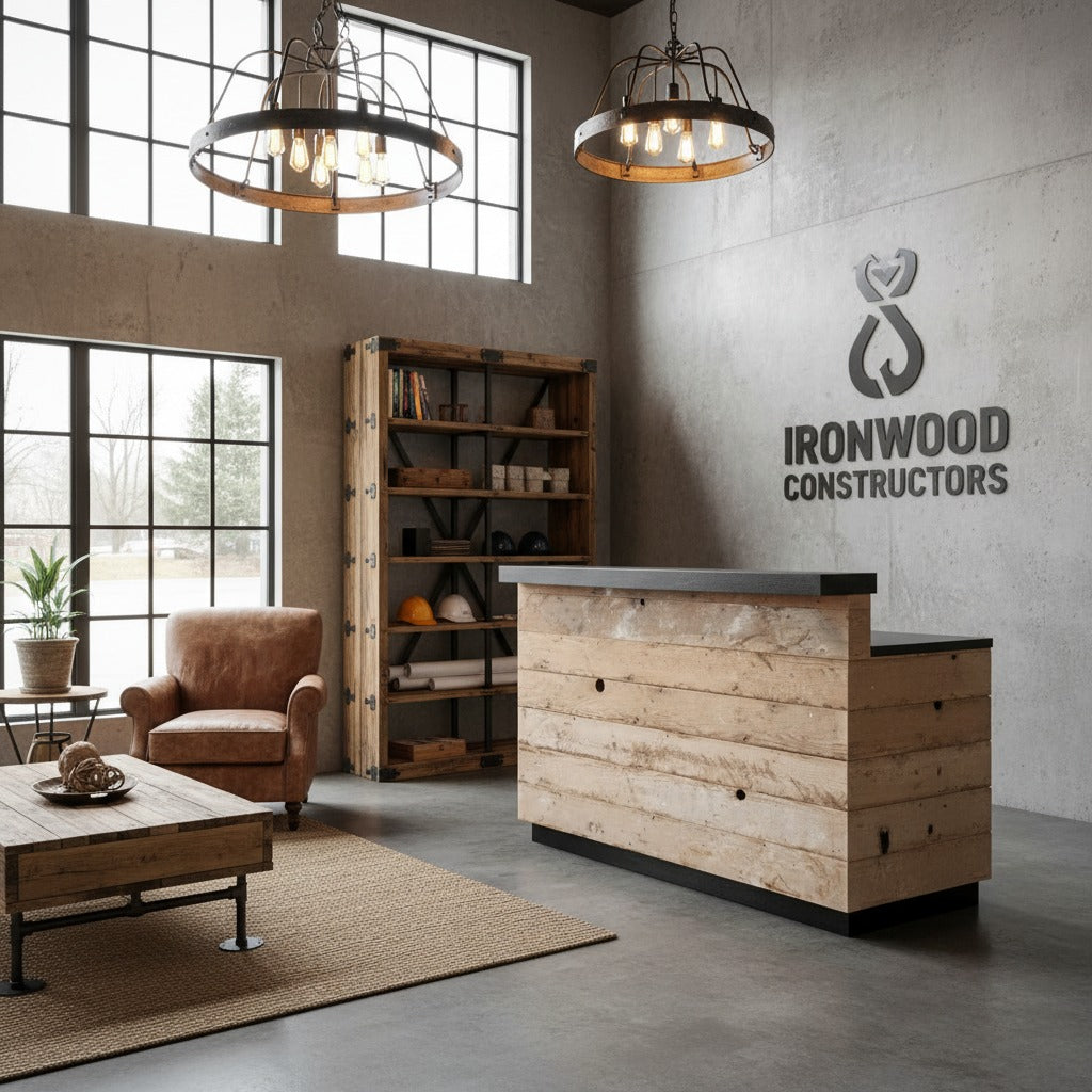 Custom reclaimed barnwood reception desk in a modern commercial office lobby with industrial lighting.Custom reclaimed barn wood reception desk, handmade by Red Cloak home, in a modern commercial office lobby with industrial lighting.