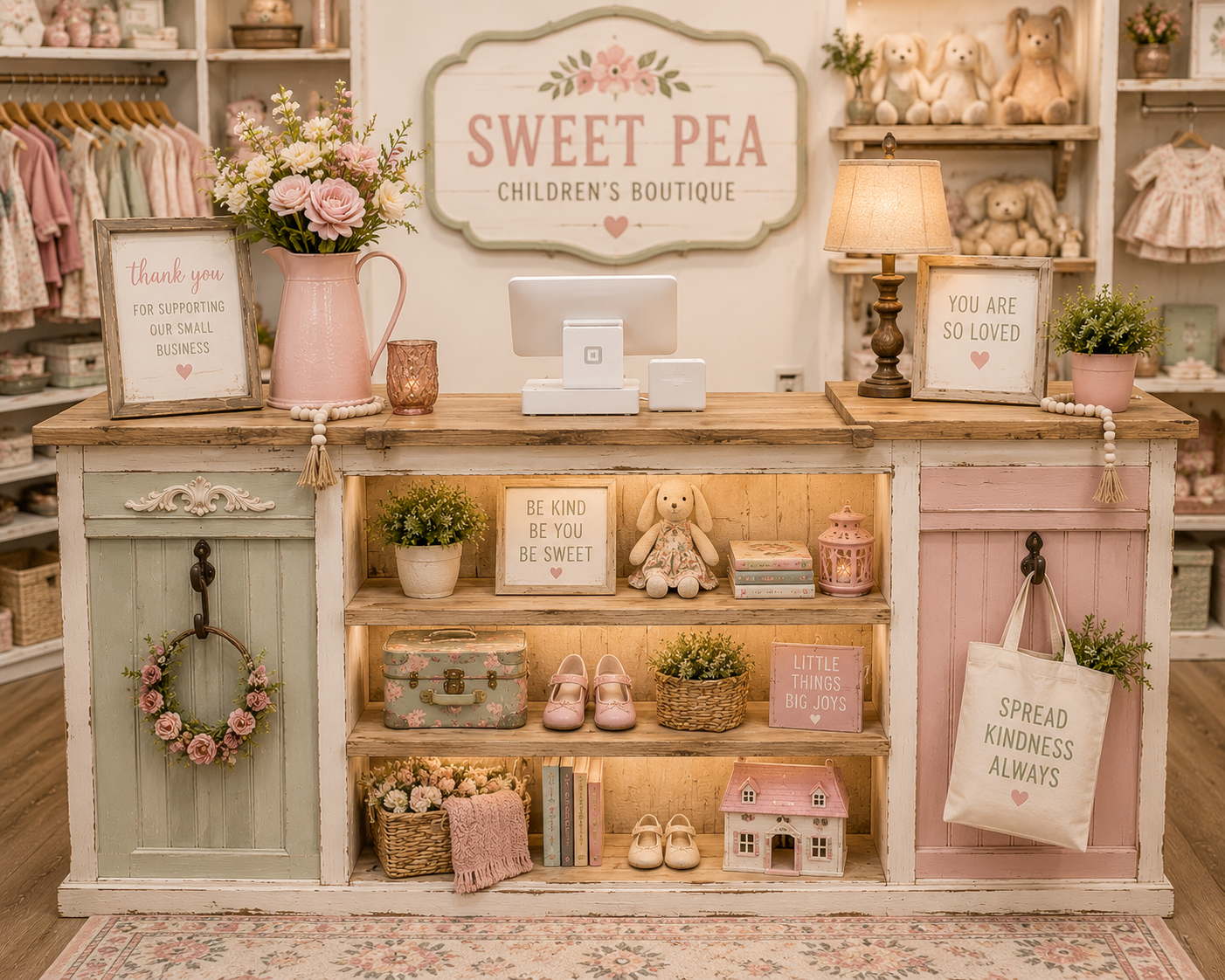 A styled boutique counter display in a children's clothing store, featuring a rustic wooden counter with pastel green and pink painted doors, shelves with toys, a pink pitcher of flowers, and a central sign reading 'SWEET PEA CHILDREN'S BOUTIQUE'.