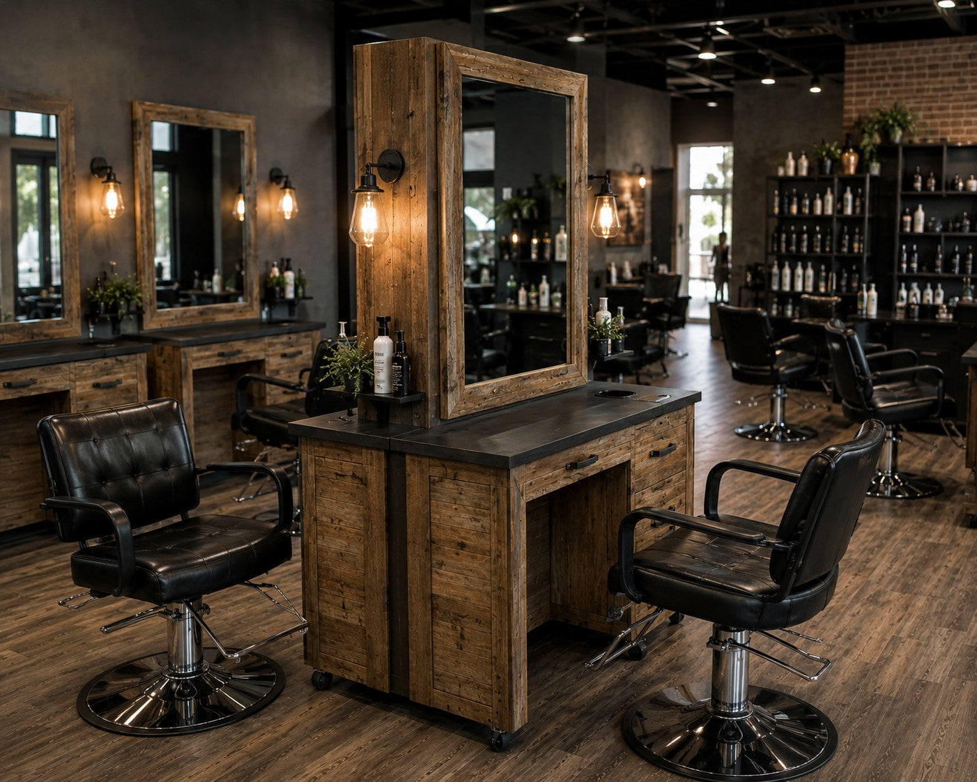 Double Sided Salon Styling Station with Mirror | Custom Wood Hair & Barber Station