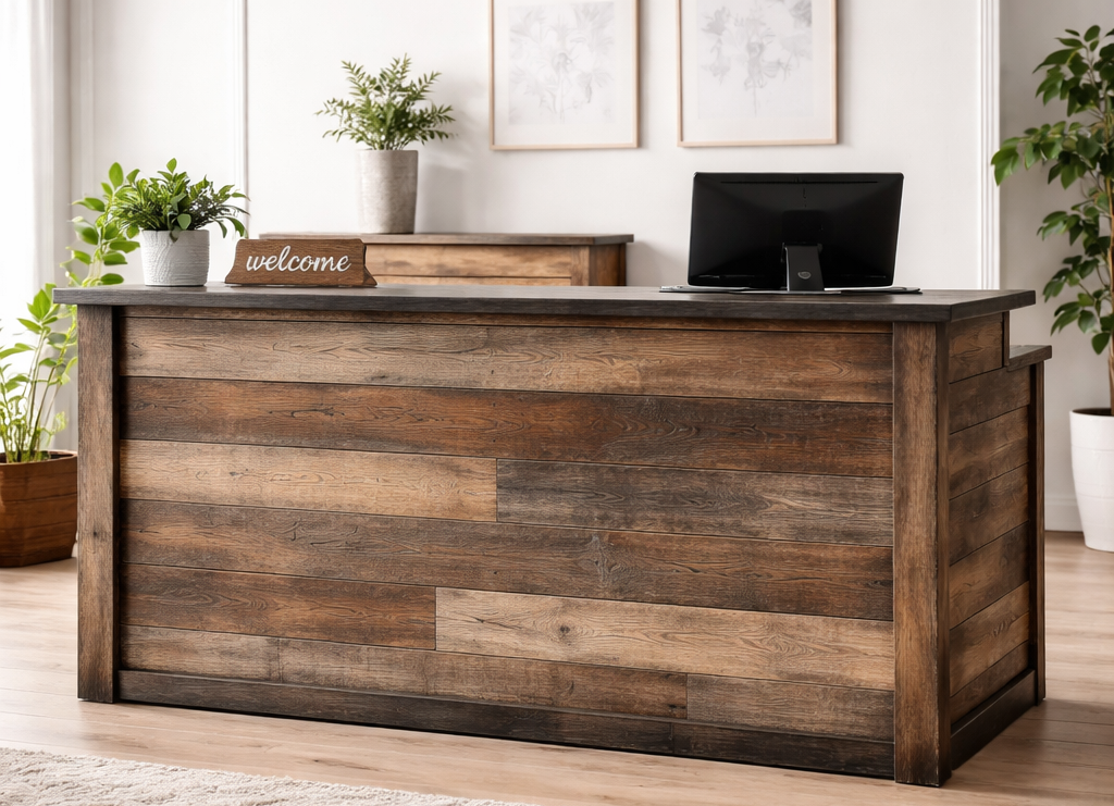 6 Ft Custom Rustic Wood Reception Desk with Drawers | Office Front Desk, Reception Counter & Cash Wrap