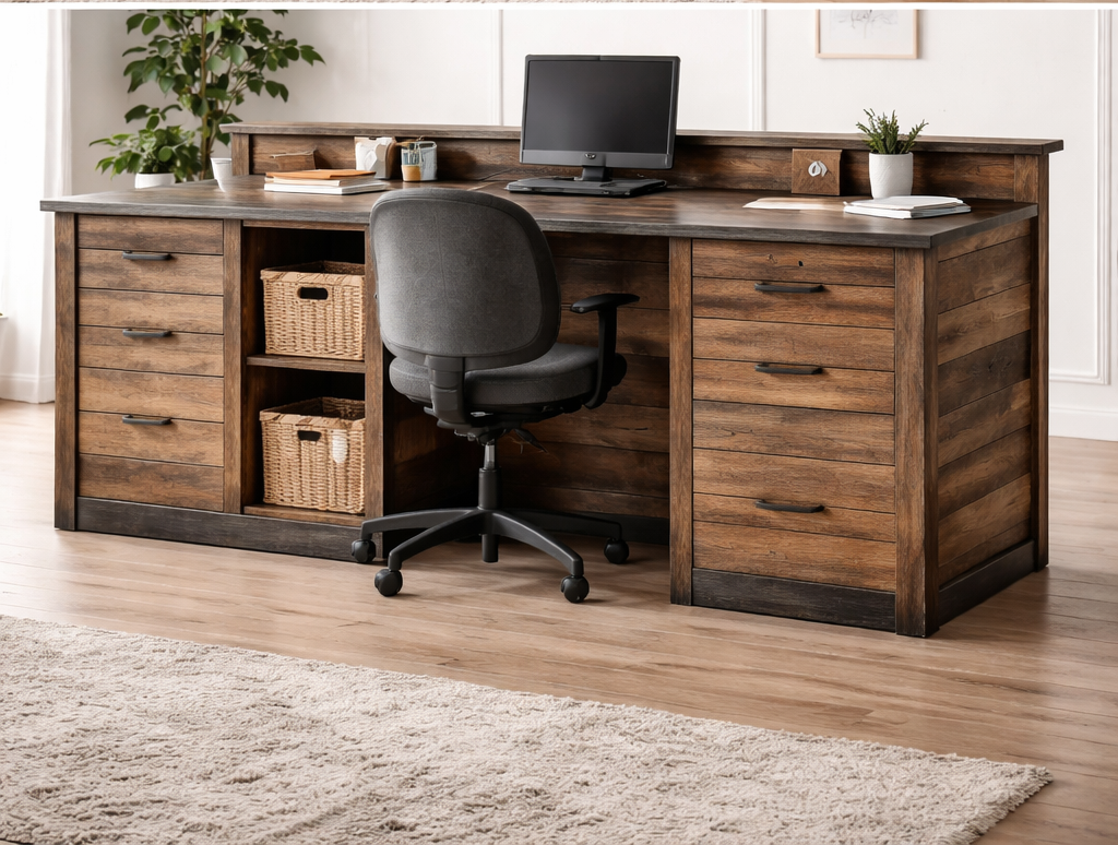 6 Ft Custom Rustic Wood Reception Desk with Drawers | Office Front Desk, Reception Counter & Cash Wrap